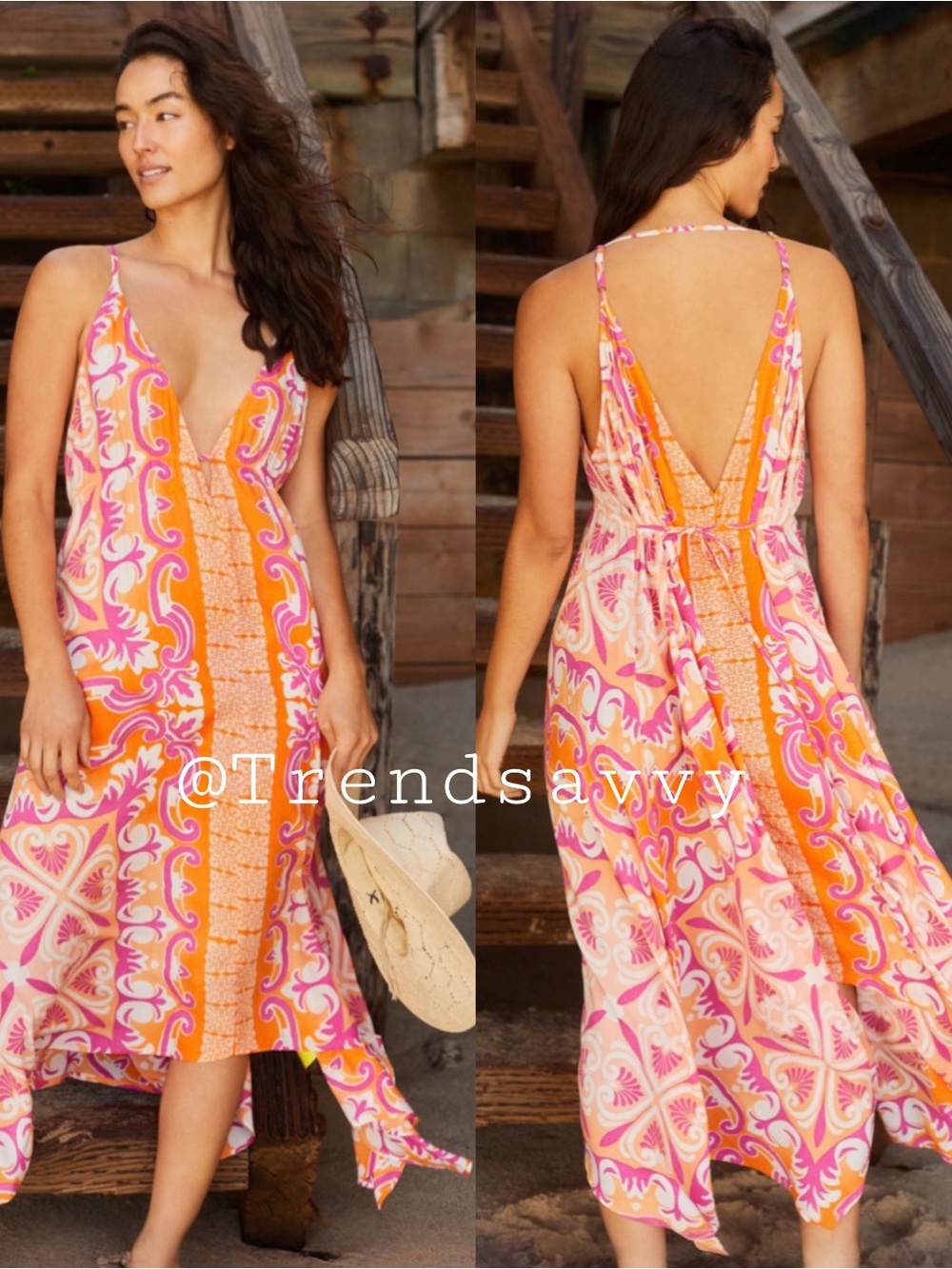 Anthropologie Handkerchief Midi Cover Up Dress Orange V Neck Beach Large NWT